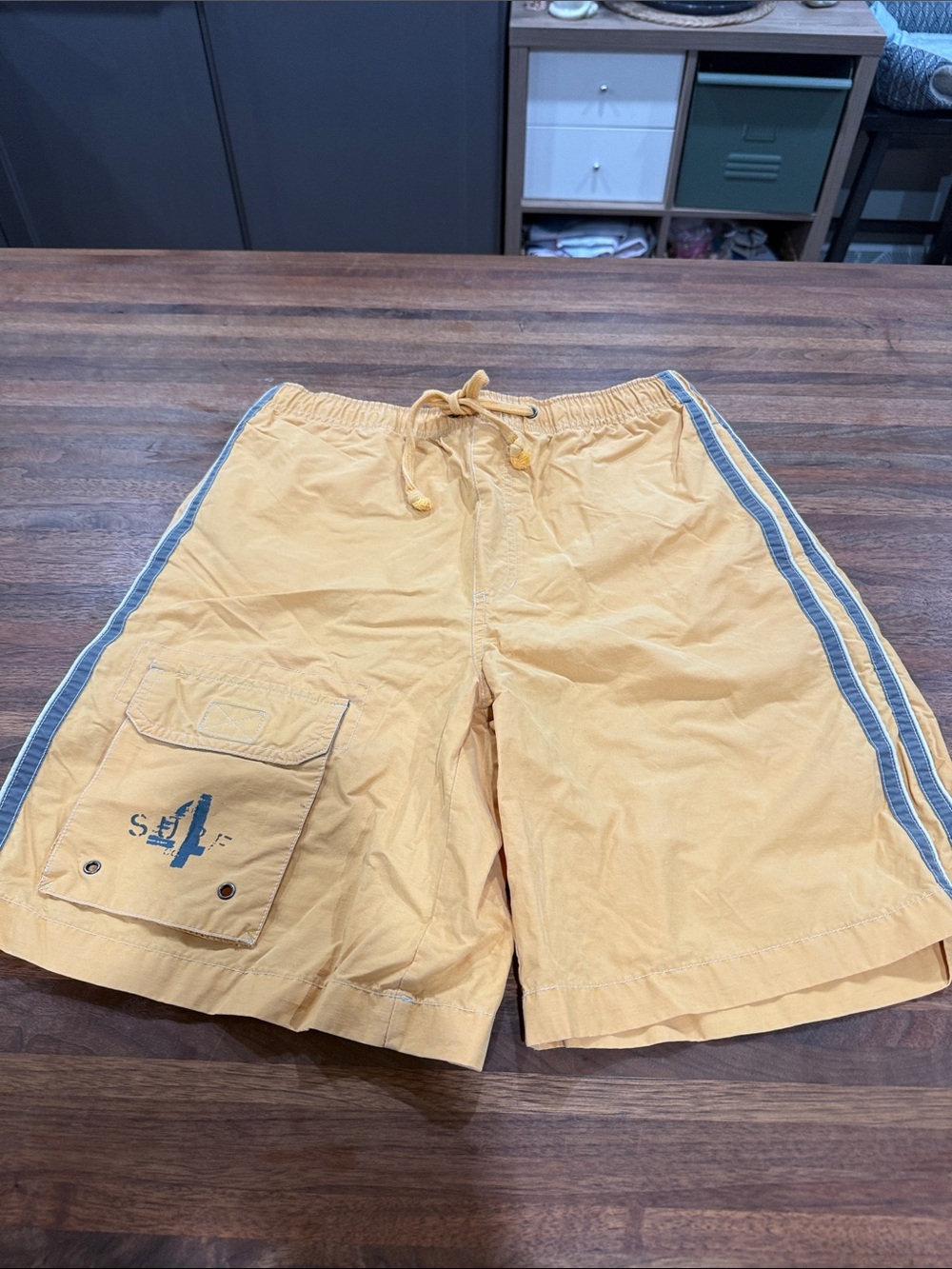 Vintage American Eagle Outfitters Mustard Yellow Board Shorts with Gray Waistban